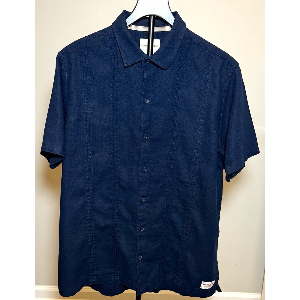 Scotch & Soda Men's Woven Linen Viscose Navy Blue Design Short Sleeve Shirt L